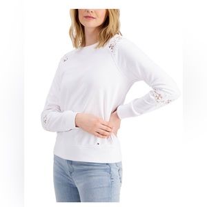 Tommy Hilfiger Women's Size M Lace Inset Pullover Sweater Floral White Cotton